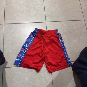 Nike Basketball Shorts Red Blue with Speckle Pattern and Logo Tape